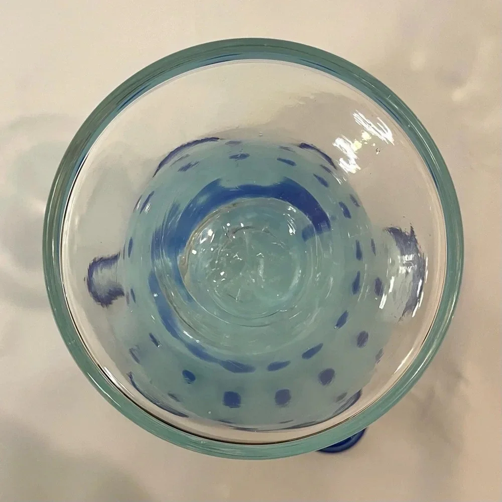 Blue Polka Dot & Stripped Blown Glass Fluted Ruffle Vase Handmade Unique